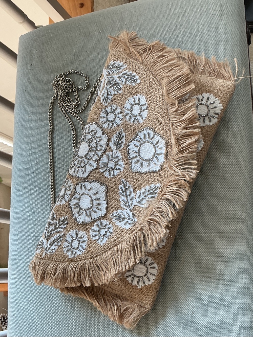 LULUS Fringed Floral Embroidered Straw Clutch - Neutral with White Flowers